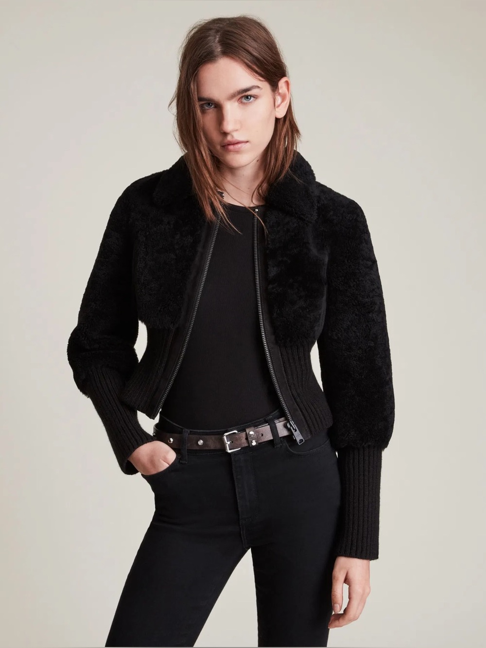 NWOT AllSaints Black Adria Shearling Bomber Jacket